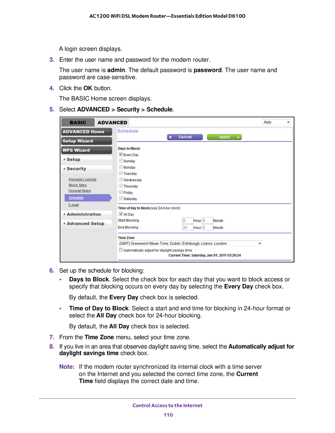 NETGEAR D6100 user manual Select Advanced Security Schedule 