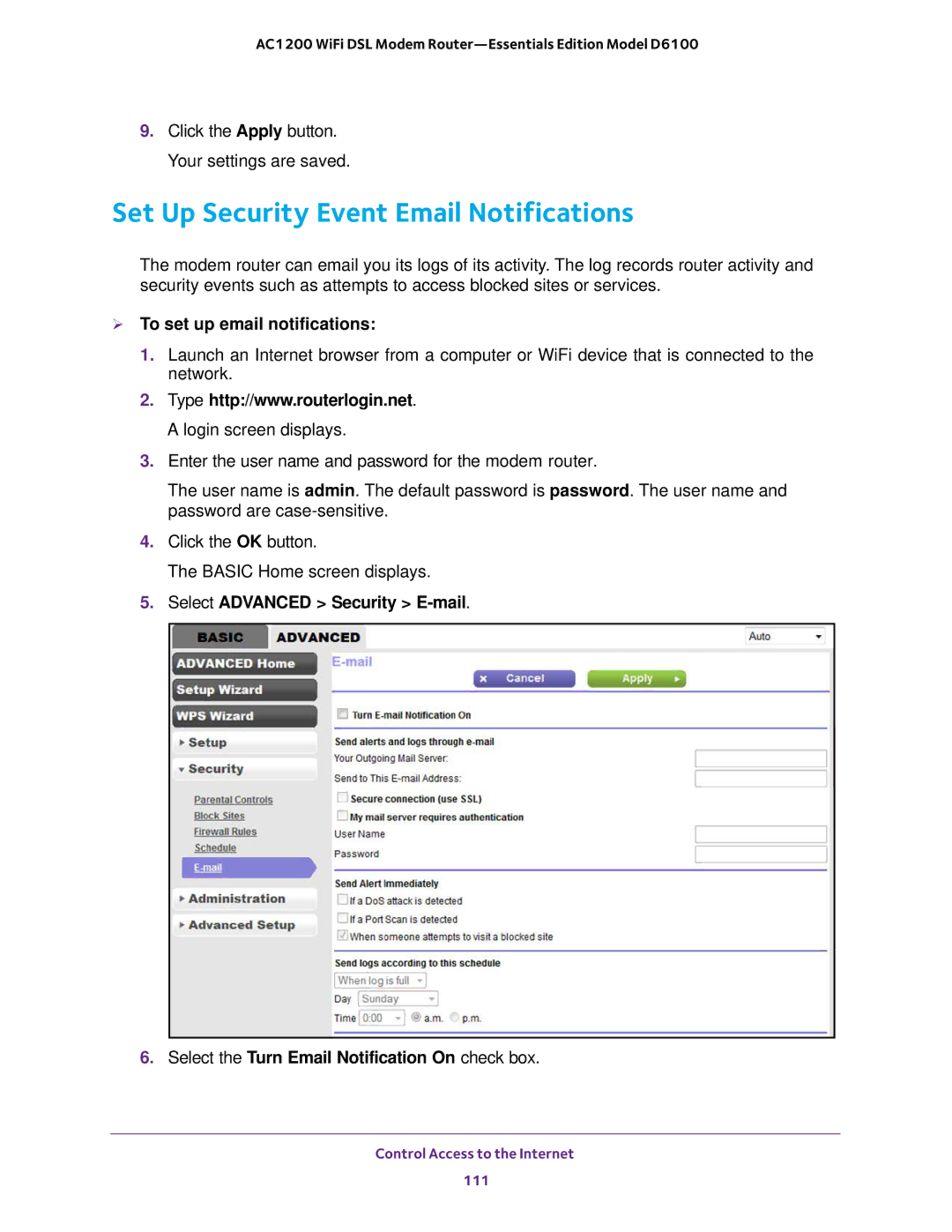 NETGEAR D6100 user manual Set Up Security Event Email Notifications,  To set up email notifications 