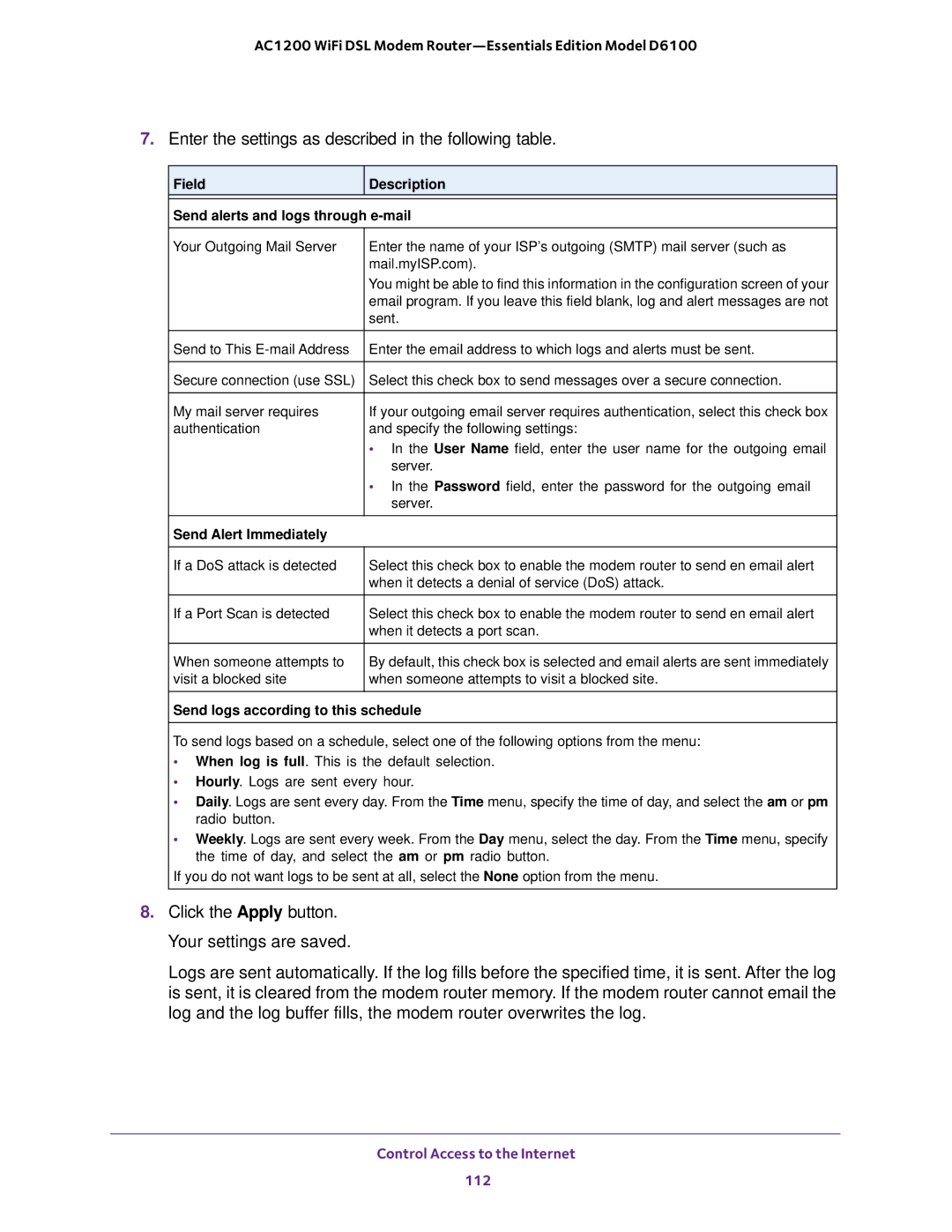 NETGEAR D6100 user manual Field Description Send alerts and logs through e-mail, Send Alert Immediately 