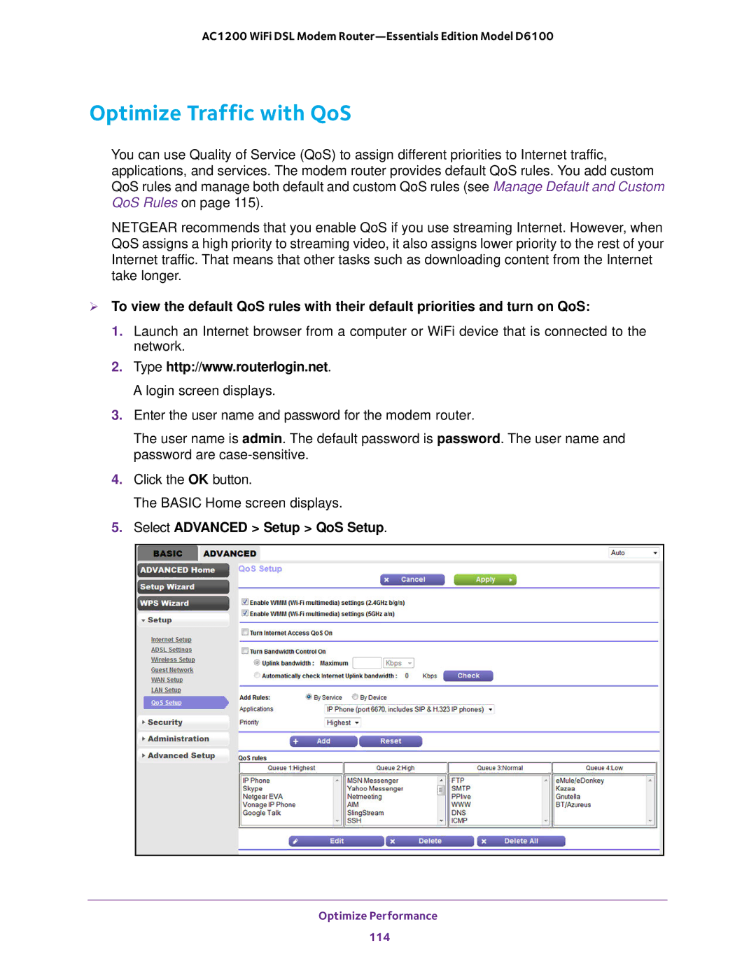 NETGEAR D6100 user manual Optimize Traffic with QoS, Select Advanced Setup QoS Setup 