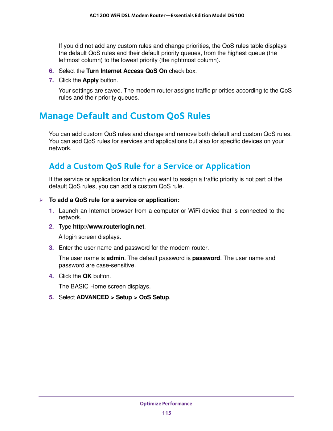 NETGEAR D6100 user manual Manage Default and Custom QoS Rules, Add a Custom QoS Rule for a Service or Application 