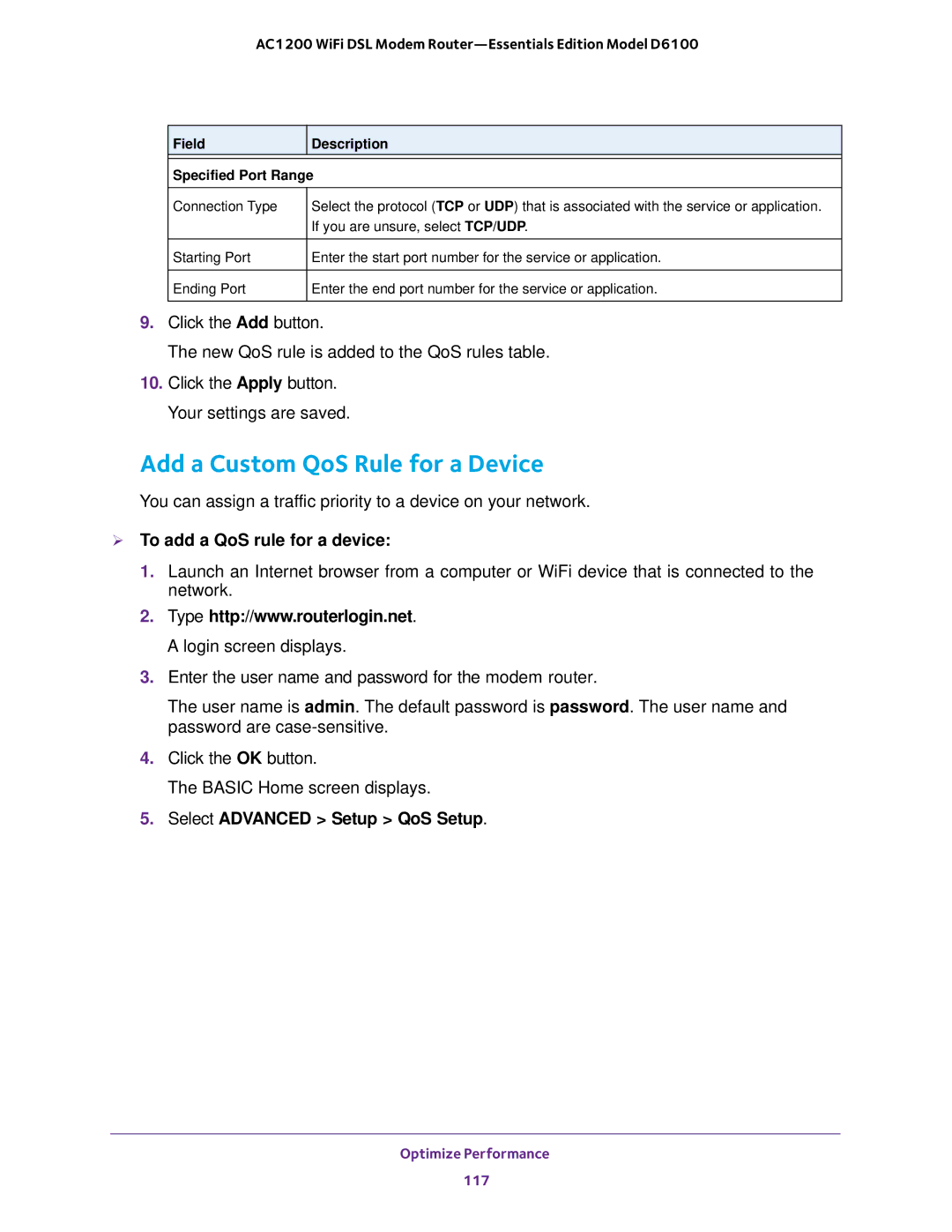 NETGEAR D6100 Add a Custom QoS Rule for a Device,  To add a QoS rule for a device, Field Description Specified Port Range 