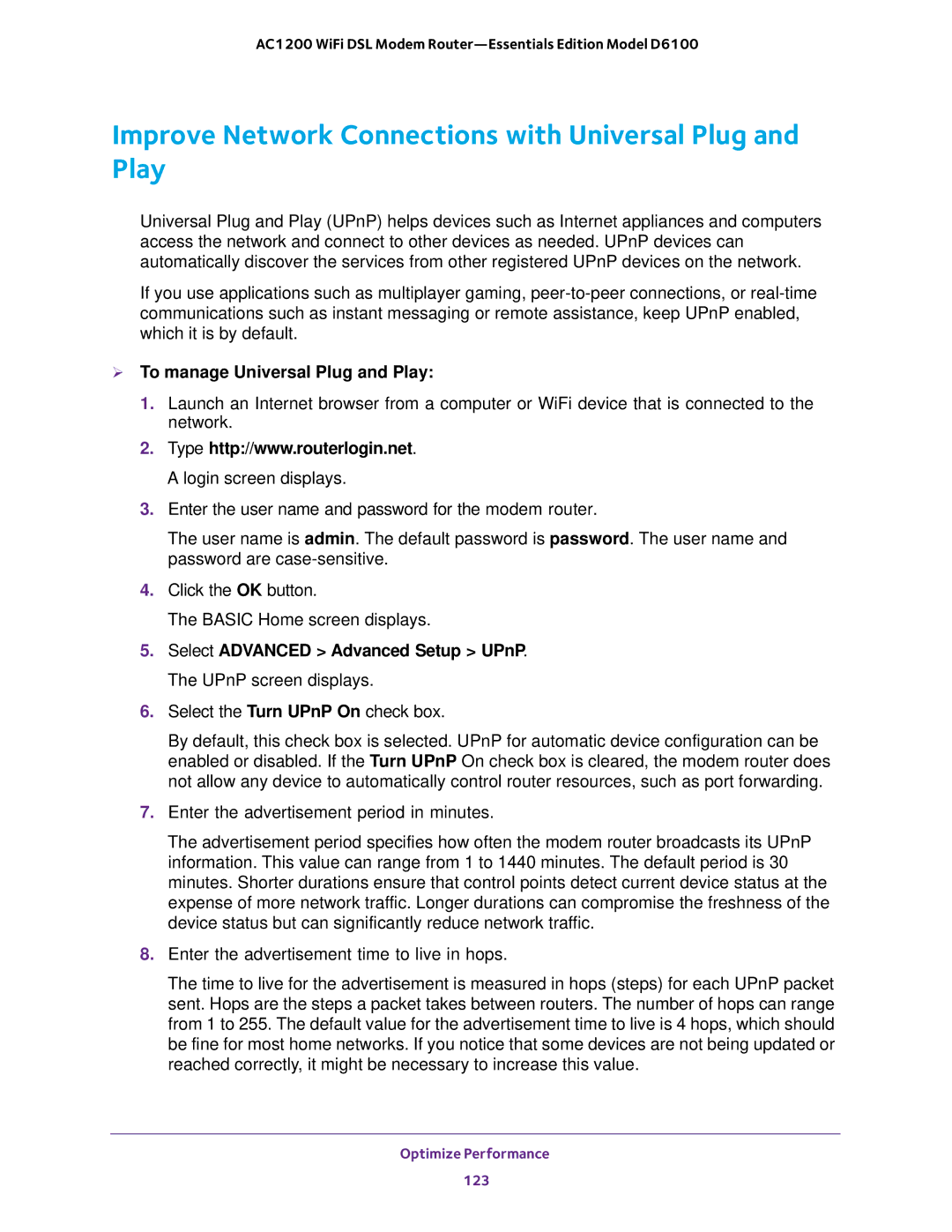 NETGEAR D6100 user manual Improve Network Connections with Universal Plug and Play,  To manage Universal Plug and Play 