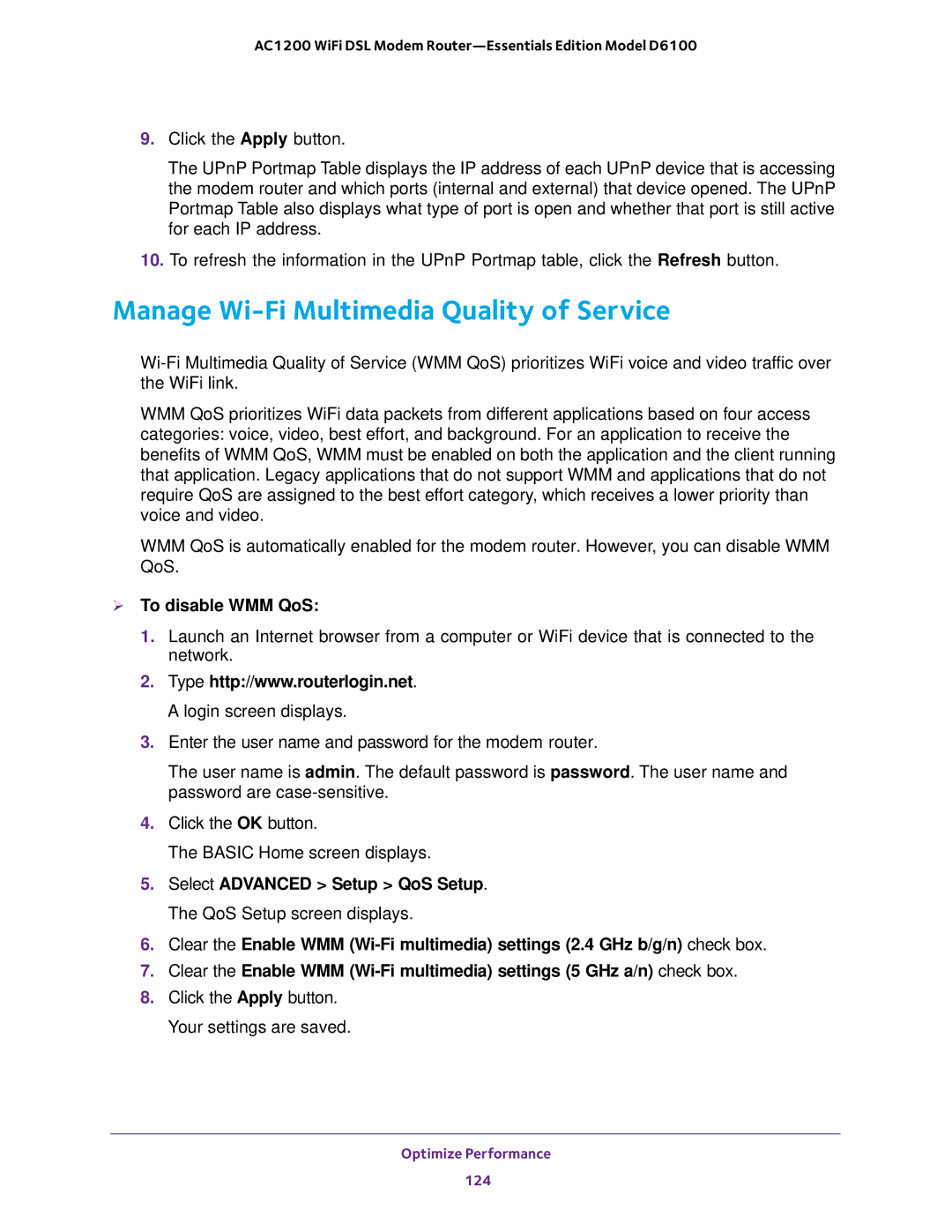 NETGEAR D6100 user manual Manage Wi-Fi Multimedia Quality of Service,  To disable WMM QoS 