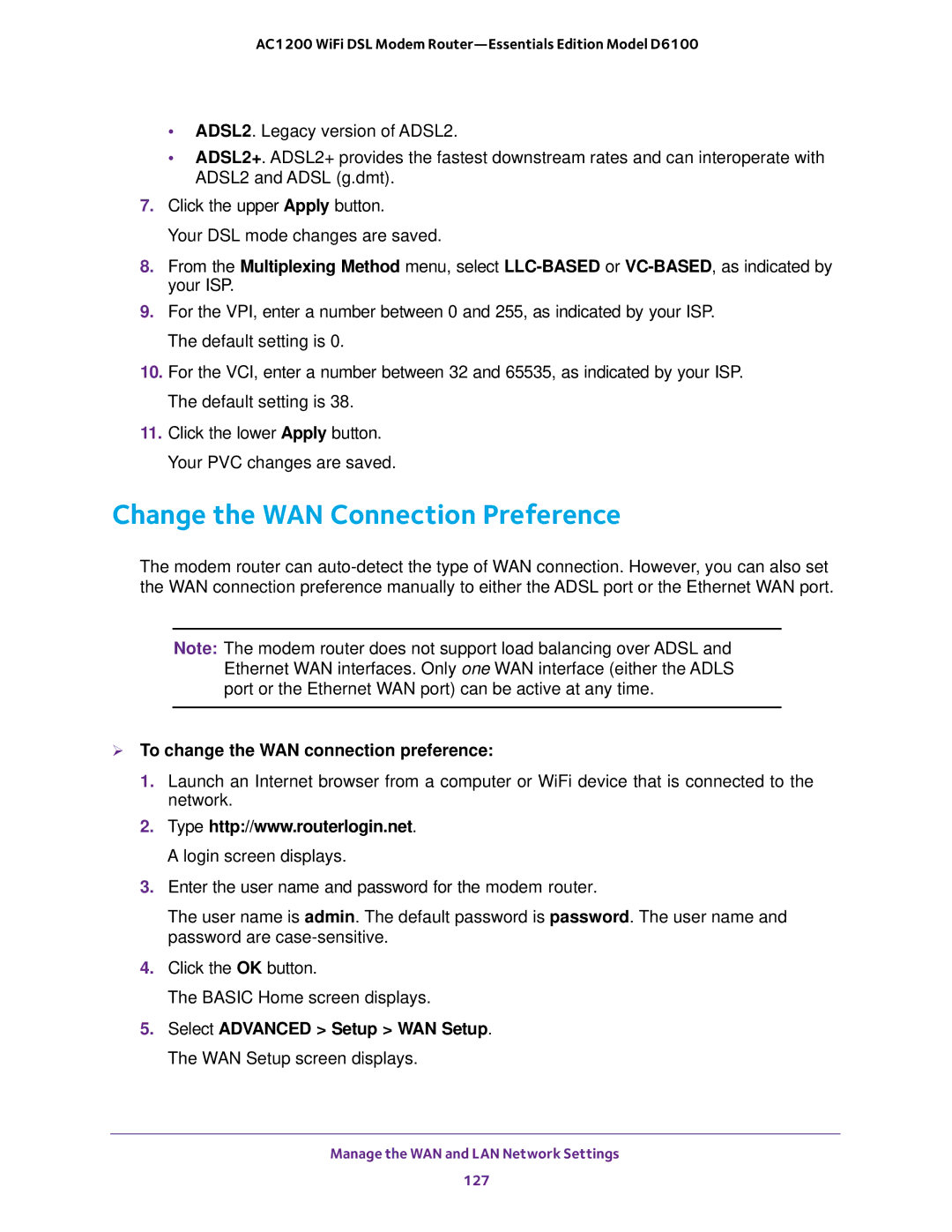 NETGEAR D6100 user manual Change the WAN Connection Preference,  To change the WAN connection preference 