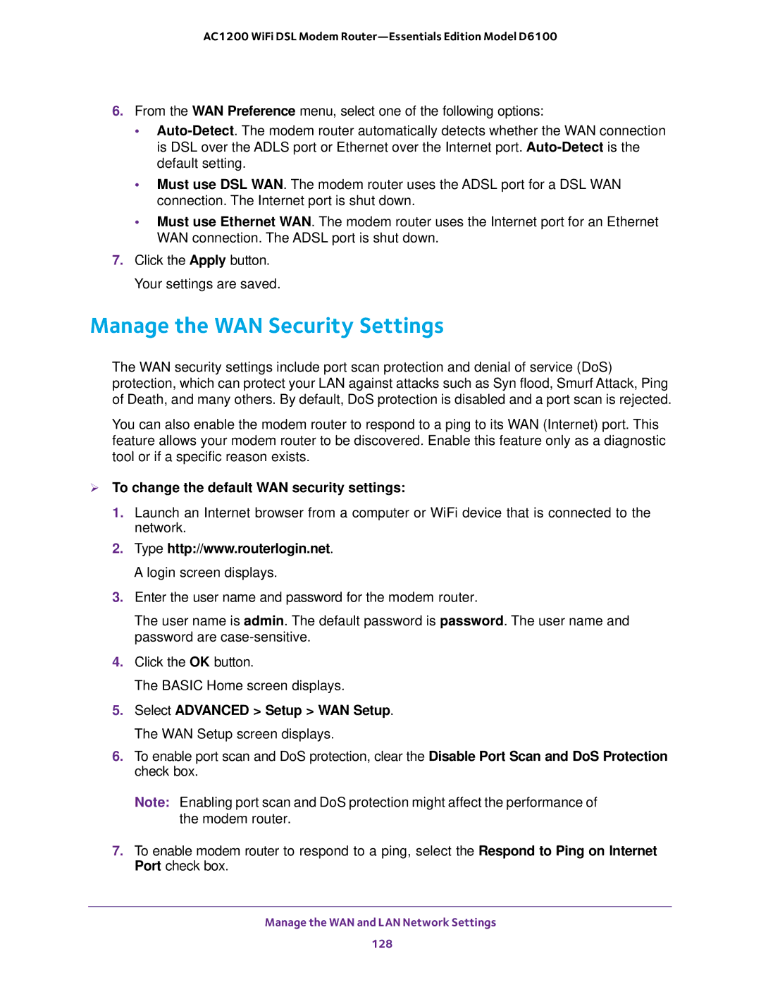 NETGEAR D6100 user manual Manage the WAN Security Settings,  To change the default WAN security settings 