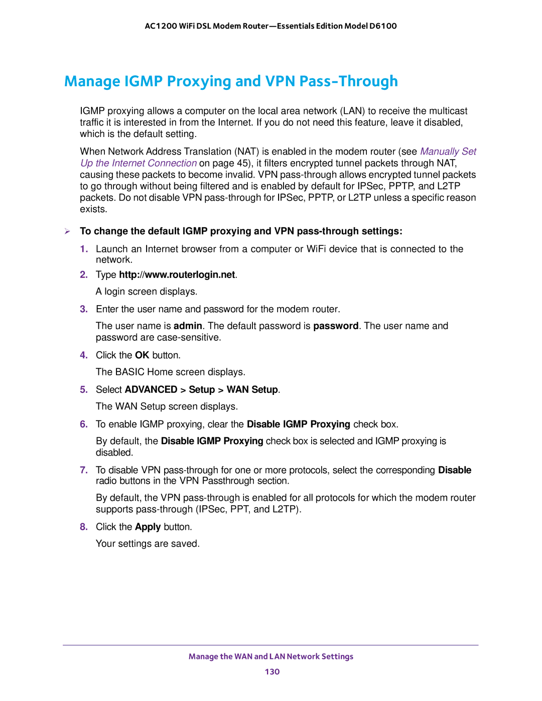 NETGEAR D6100 user manual Manage Igmp Proxying and VPN Pass-Through 