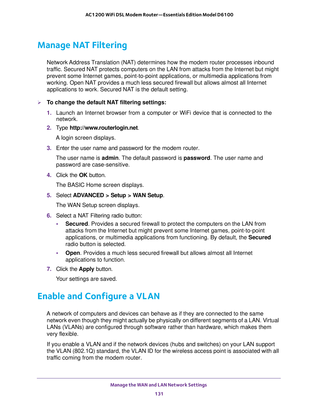 NETGEAR D6100 user manual Manage NAT Filtering, Enable and Configure a Vlan,  To change the default NAT filtering settings 