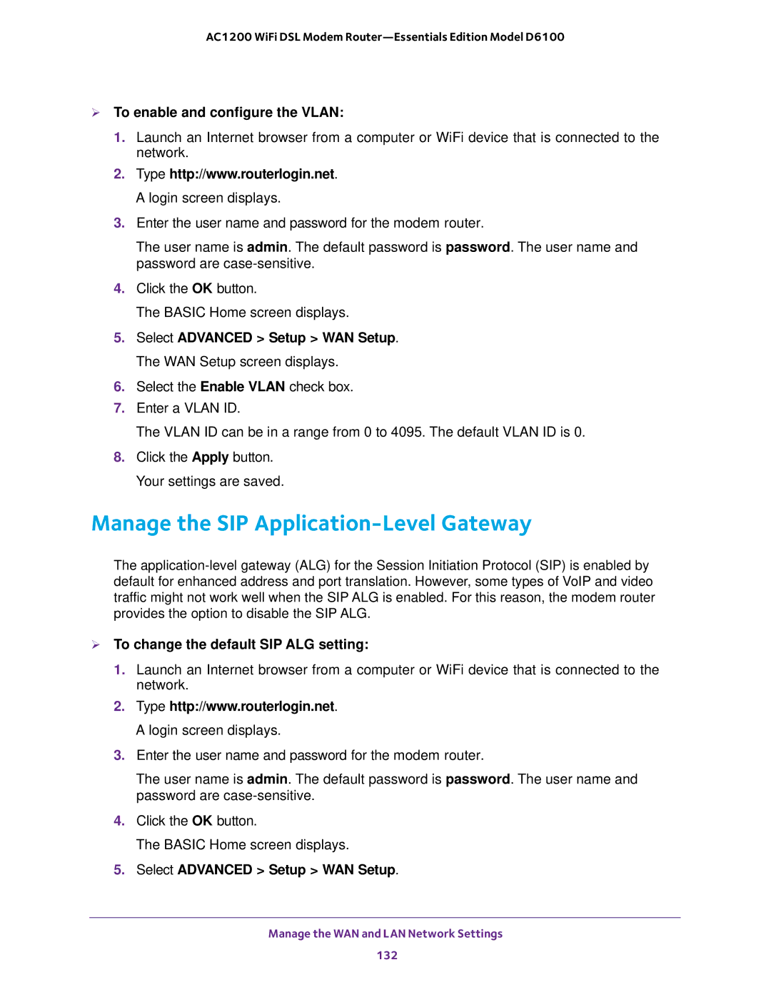 NETGEAR D6100 user manual Manage the SIP Application-Level Gateway,  To enable and configure the Vlan 