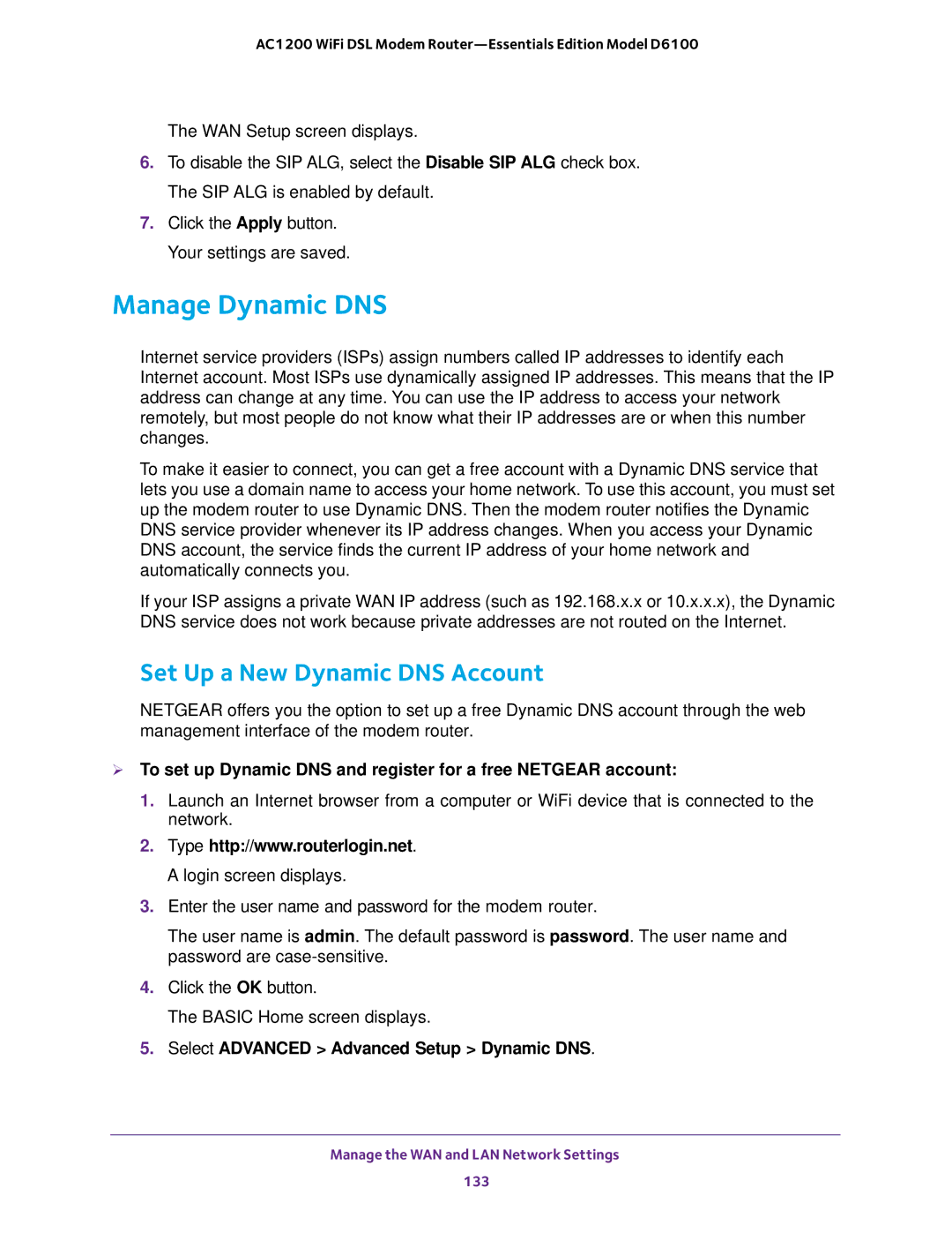 NETGEAR D6100 user manual Manage Dynamic DNS, Set Up a New Dynamic DNS Account, Select Advanced Advanced Setup Dynamic DNS 