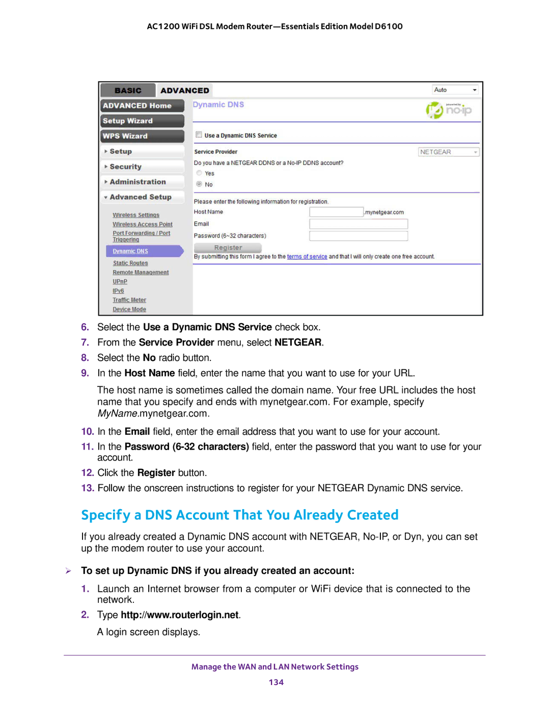 NETGEAR D6100 Specify a DNS Account That You Already Created,  To set up Dynamic DNS if you already created an account 