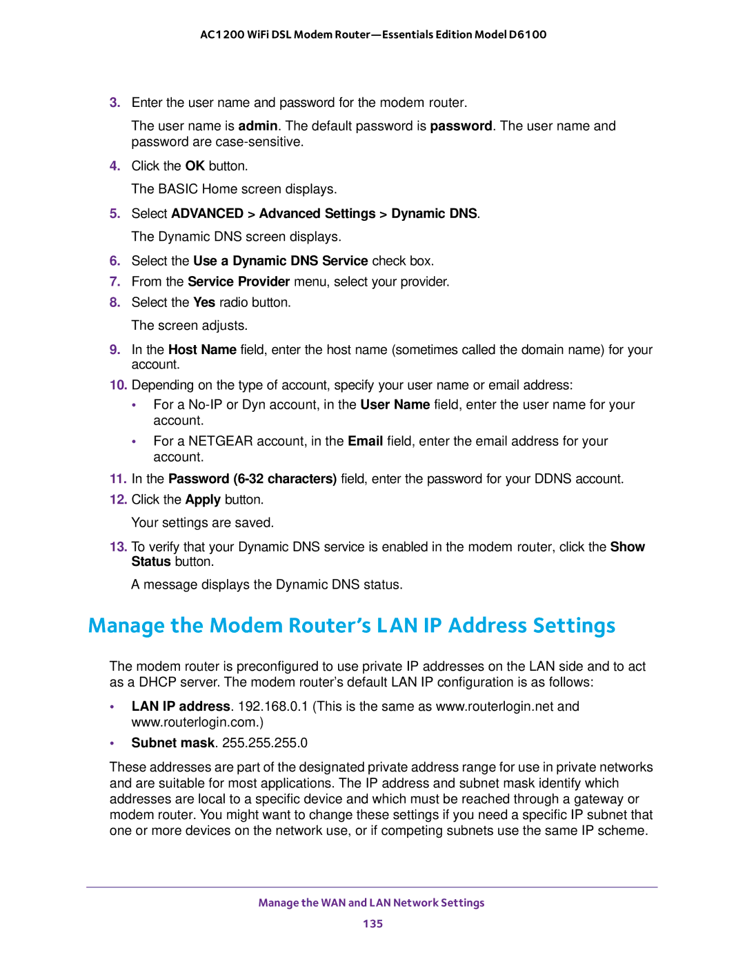 NETGEAR D6100 user manual Manage the Modem Router’s LAN IP Address Settings, Select the Use a Dynamic DNS Service check box 