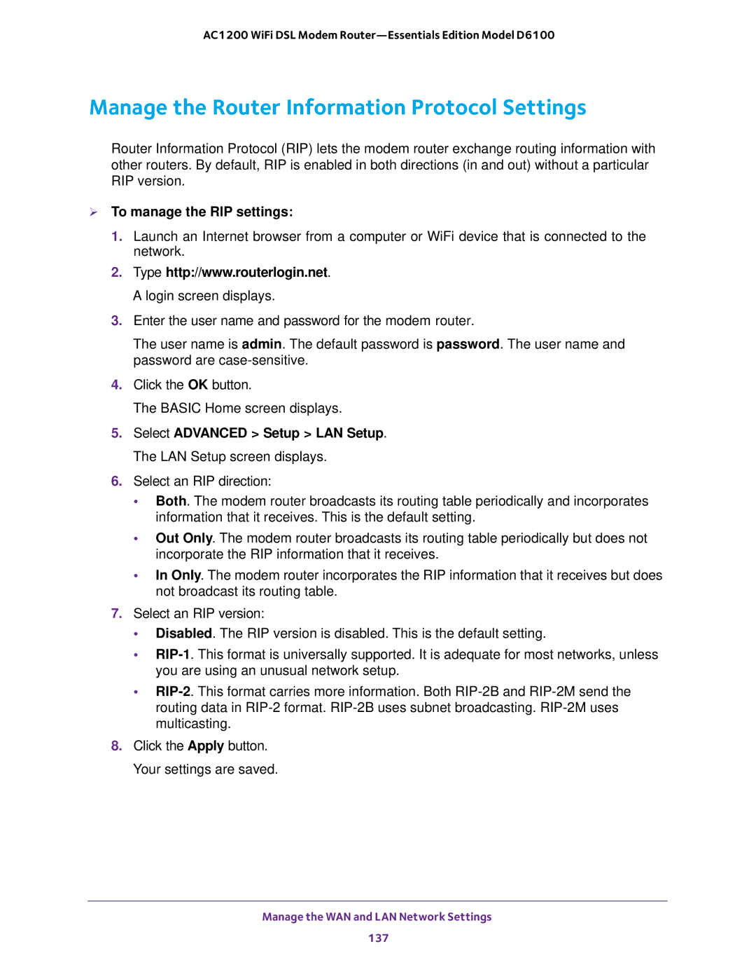 NETGEAR D6100 user manual Manage the Router Information Protocol Settings,  To manage the RIP settings 