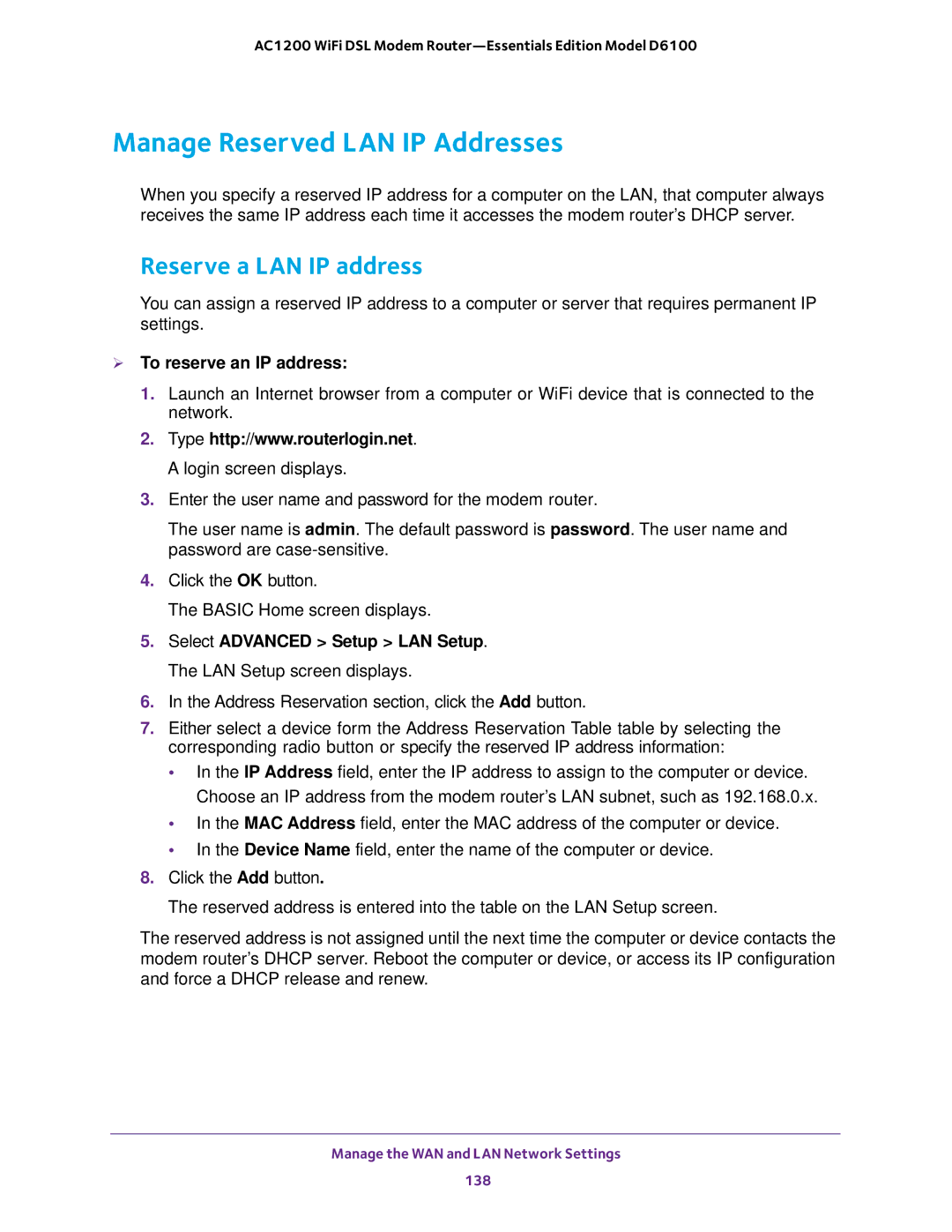 NETGEAR D6100 user manual Manage Reserved LAN IP Addresses, Reserve a LAN IP address,  To reserve an IP address 