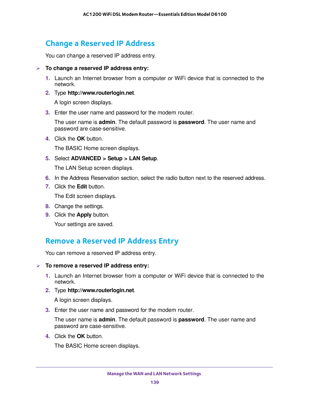 NETGEAR D6100 Change a Reserved IP Address, Remove a Reserved IP Address Entry,  To change a reserved IP address entry 