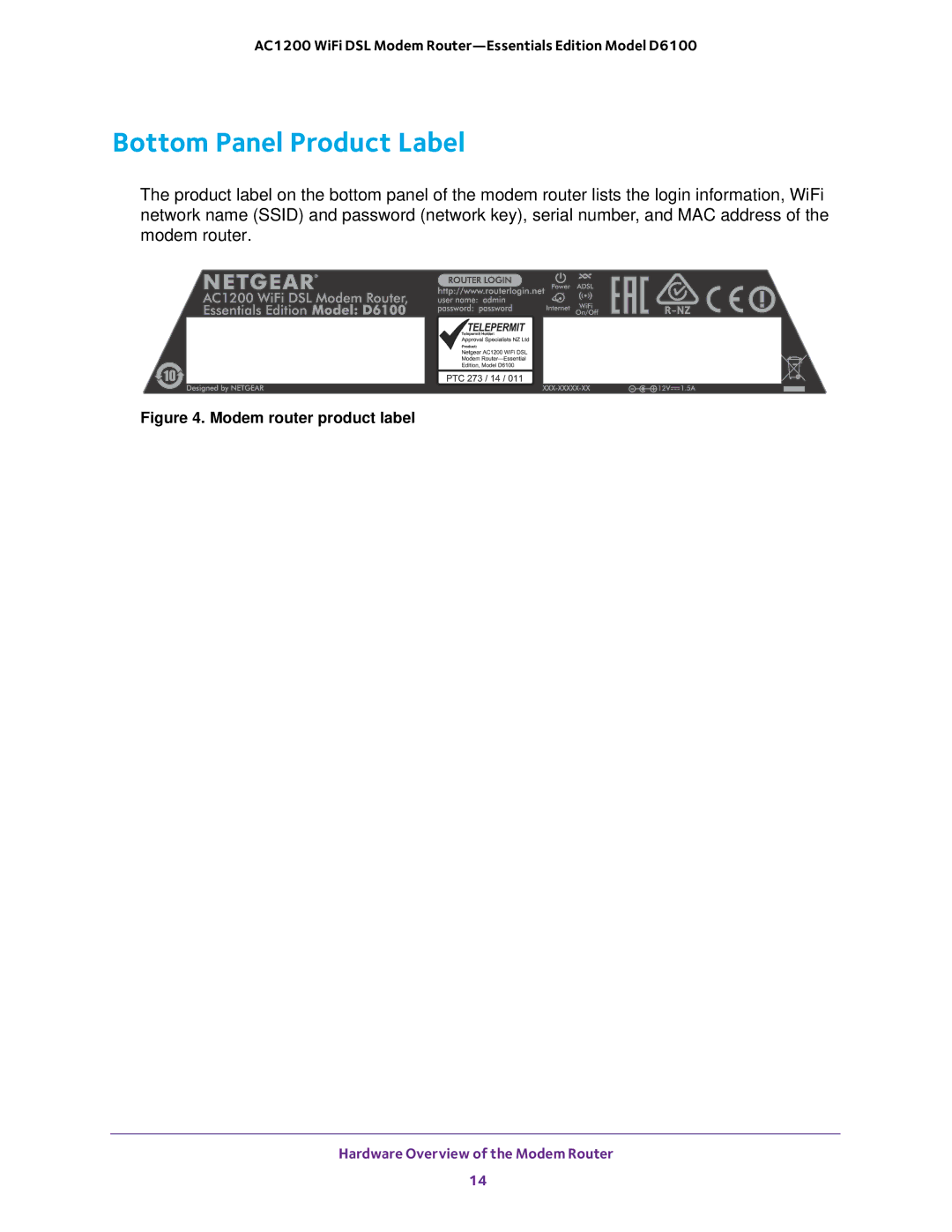 NETGEAR D6100 user manual Bottom Panel Product Label, Modem router product label 