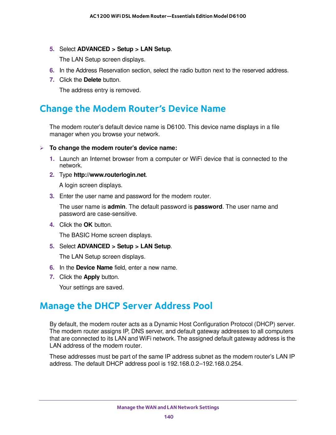 NETGEAR D6100 user manual Change the Modem Router’s Device Name, Manage the Dhcp Server Address Pool 