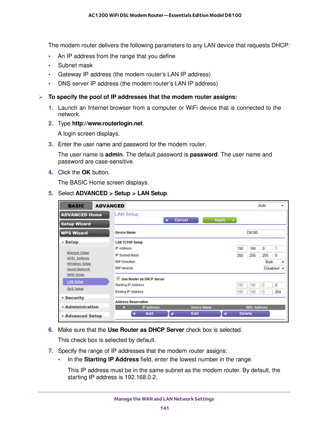 NETGEAR D6100 user manual Manage the WAN and LAN Network Settings 141 