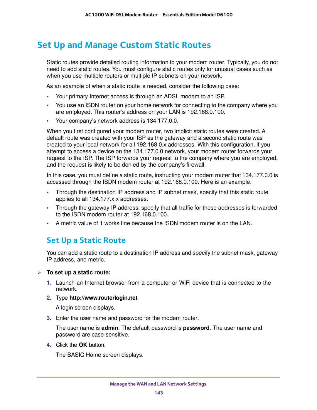 NETGEAR D6100 user manual Set Up and Manage Custom Static Routes, Set Up a Static Route,  To set up a static route 