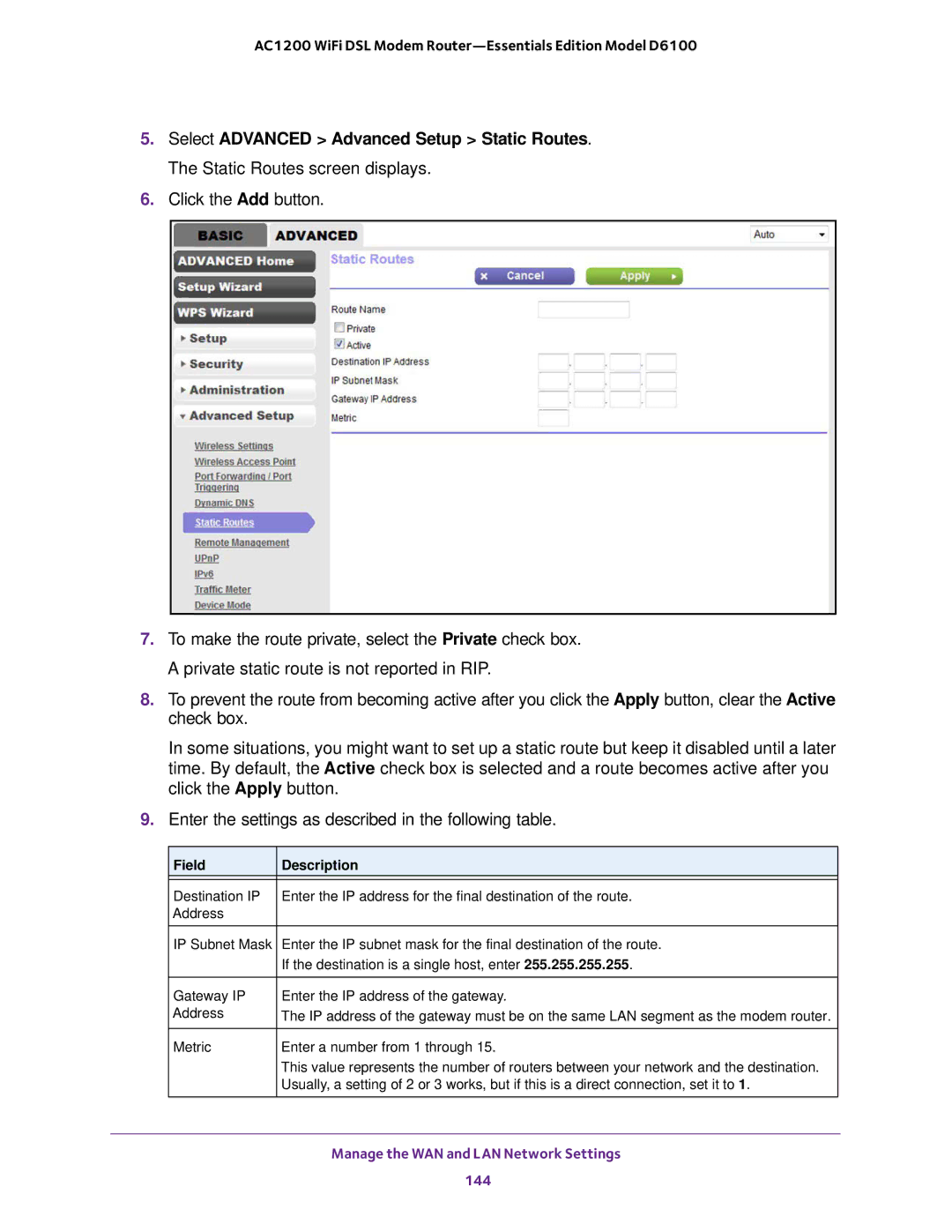 NETGEAR D6100 user manual Manage the WAN and LAN Network Settings 144 