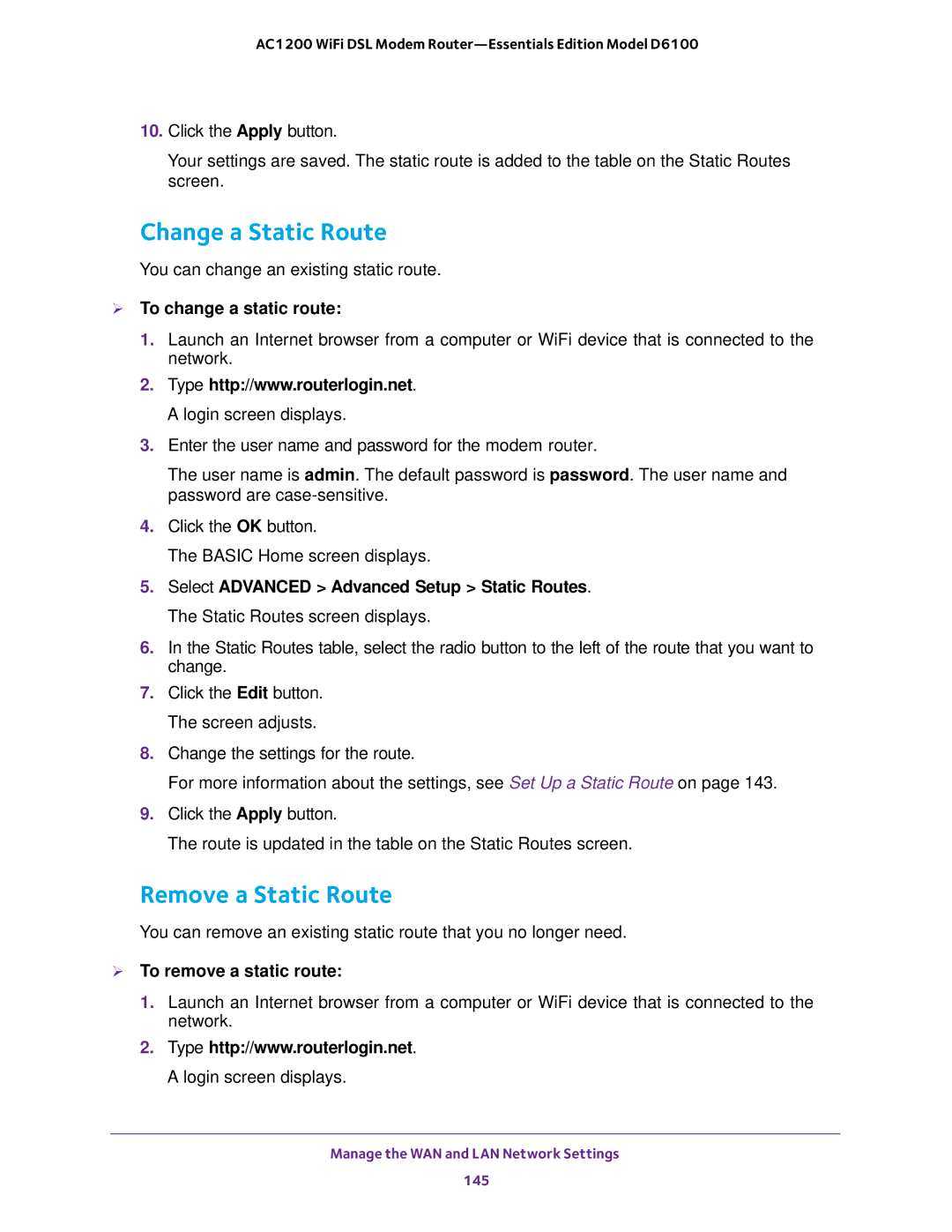 NETGEAR D6100 Change a Static Route, Remove a Static Route,  To change a static route,  To remove a static route 