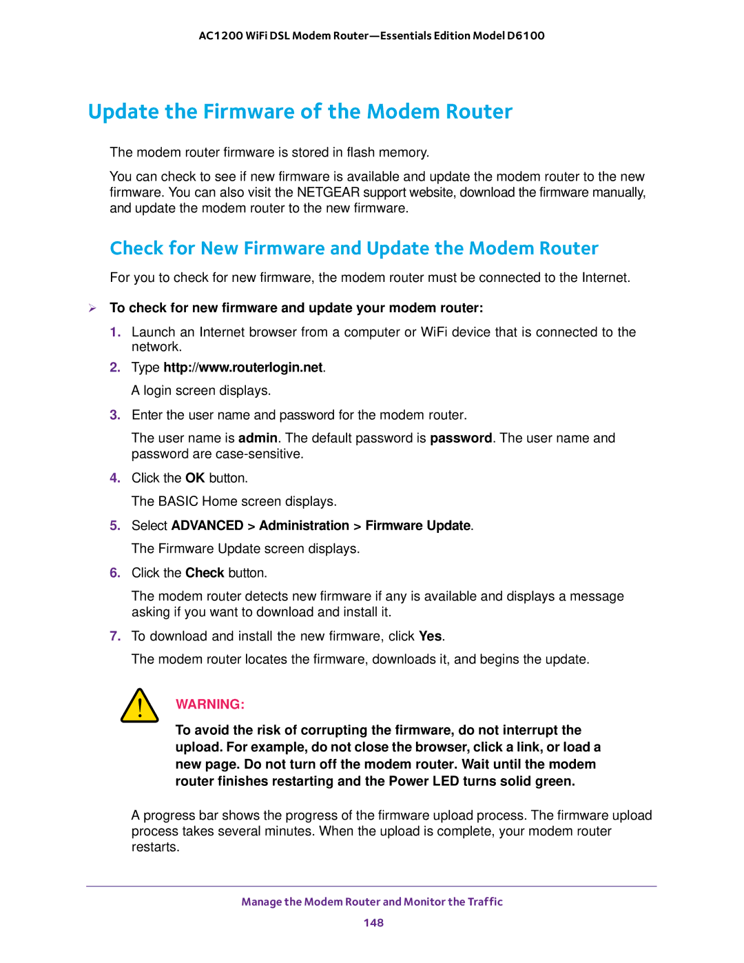 NETGEAR D6100 user manual Update the Firmware of the Modem Router, Check for New Firmware and Update the Modem Router 