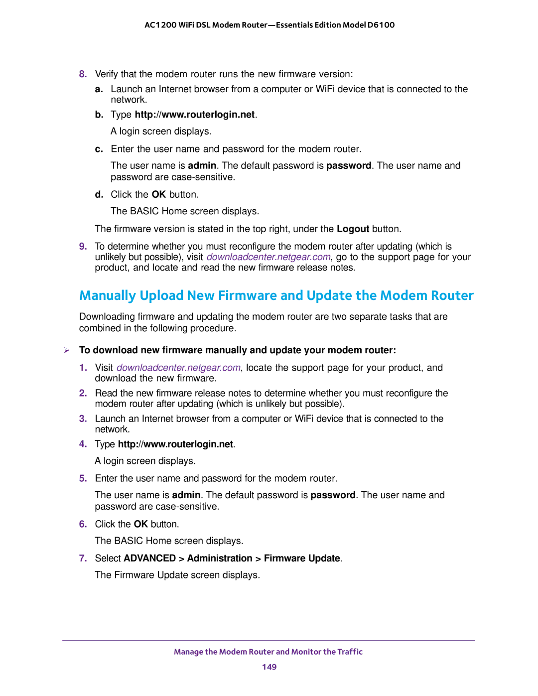 NETGEAR D6100 user manual Manually Upload New Firmware and Update the Modem Router 