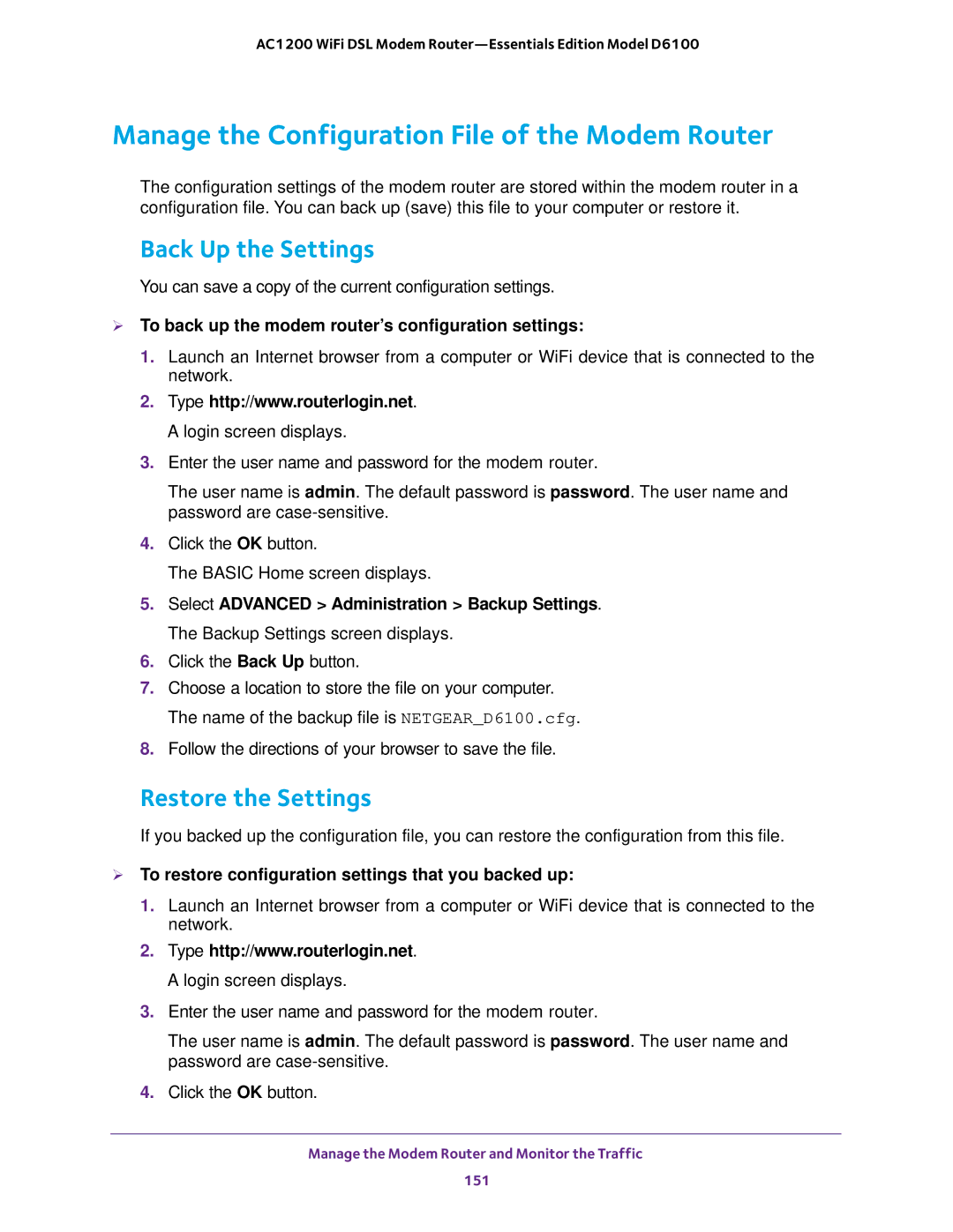 NETGEAR D6100 user manual Manage the Configuration File of the Modem Router, Back Up the Settings, Restore the Settings 