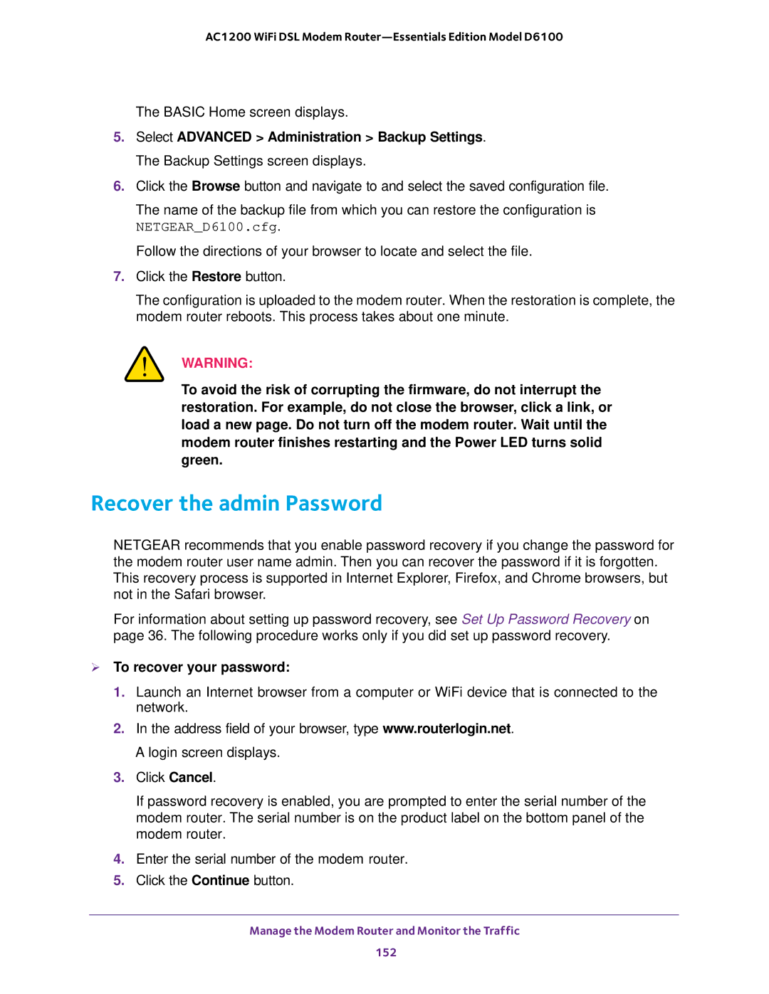 NETGEAR D6100 user manual Recover the admin Password,  To recover your password 