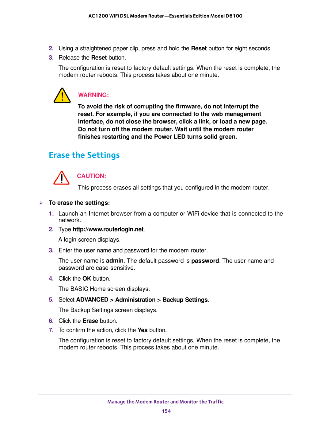 NETGEAR D6100 user manual Erase the Settings,  To erase the settings 