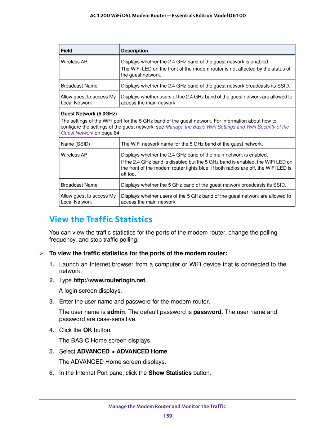 NETGEAR D6100 user manual View the Traffic Statistics, Guest Network 5.0GHz 