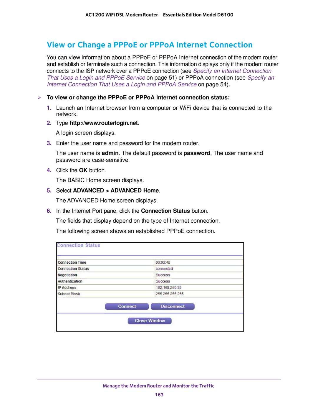 NETGEAR D6100 user manual View or Change a PPPoE or PPPoA Internet Connection 