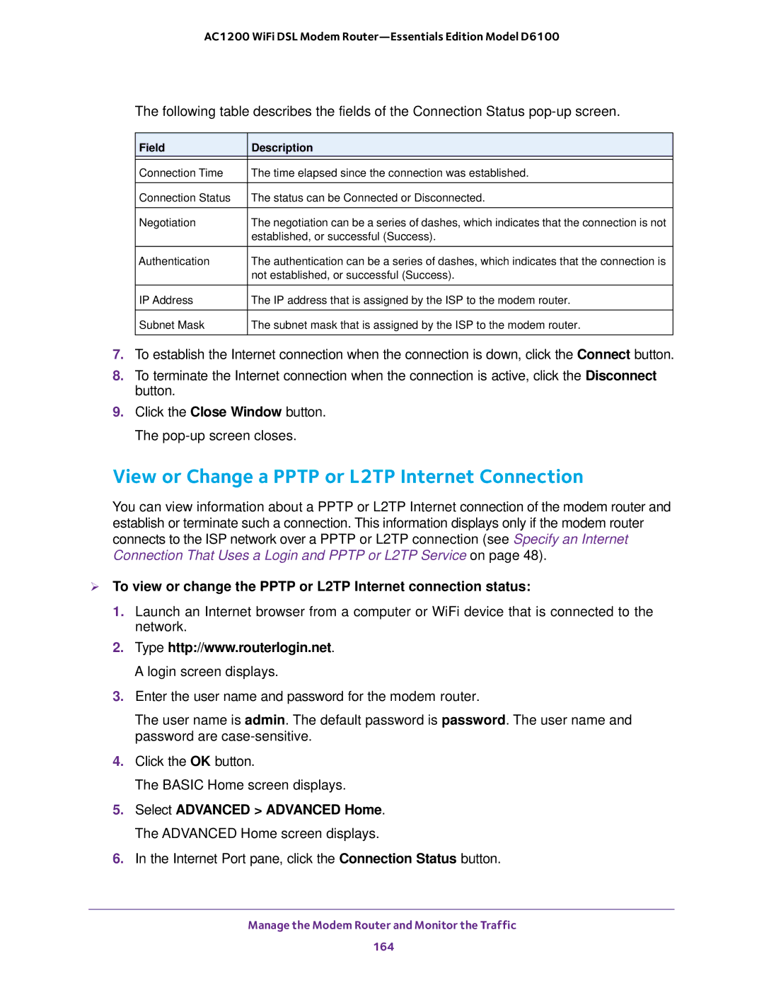 NETGEAR D6100 user manual View or Change a Pptp or L2TP Internet Connection 