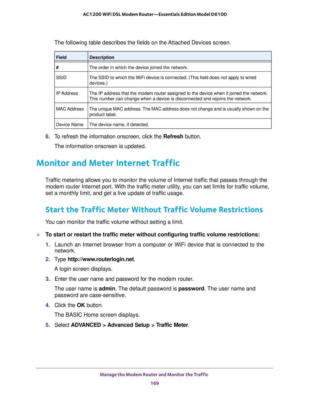 NETGEAR D6100 user manual Monitor and Meter Internet Traffic, Start the Traffic Meter Without Traffic Volume Restrictions 