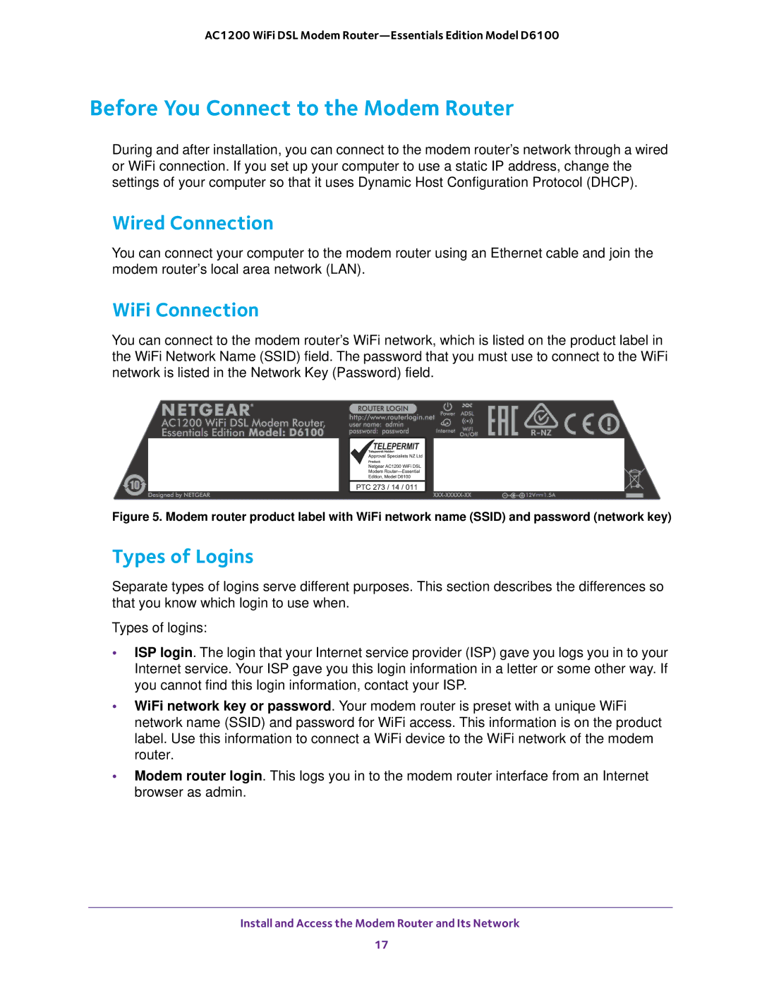 NETGEAR D6100 user manual Before You Connect to the Modem Router, Wired Connection, WiFi Connection, Types of Logins 