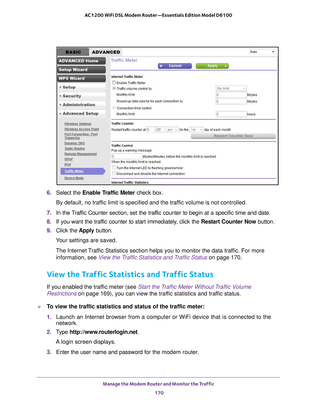 NETGEAR D6100 user manual View the Traffic Statistics and Traffic Status 