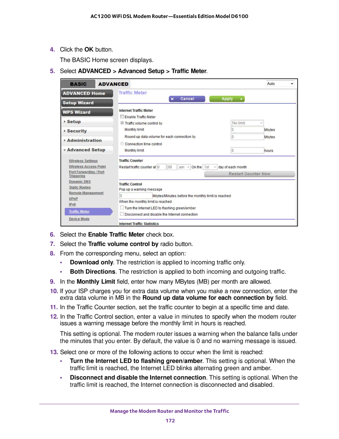 NETGEAR D6100 user manual Select Advanced Advanced Setup Traffic Meter, Select the Traffic volume control by radio button 