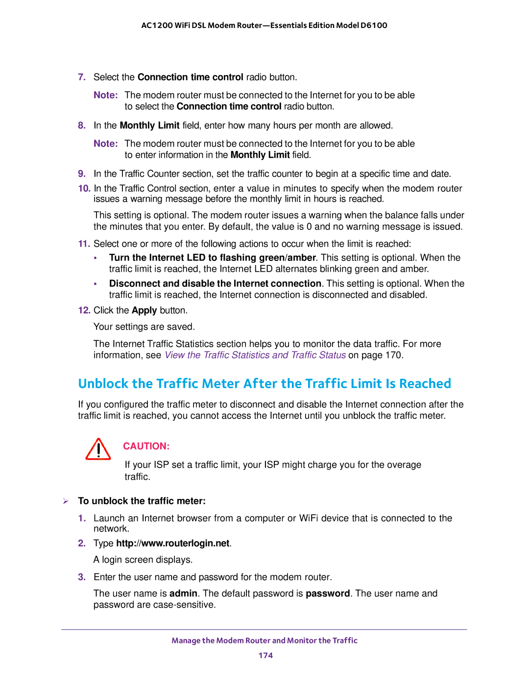 NETGEAR D6100 user manual Unblock the Traffic Meter After the Traffic Limit Is Reached,  To unblock the traffic meter 