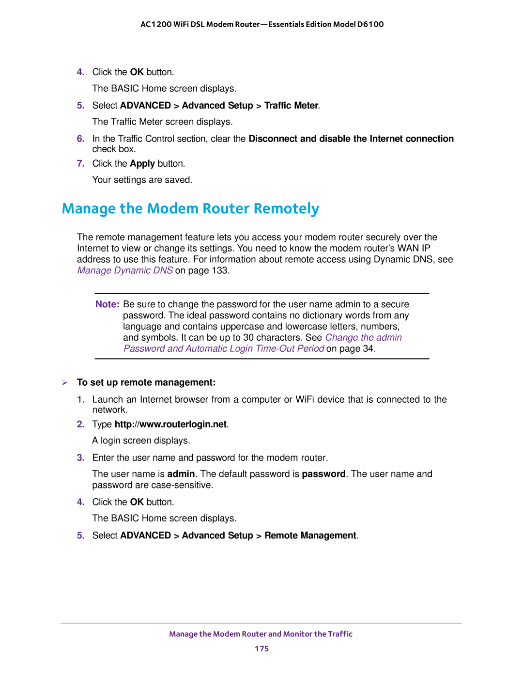 NETGEAR D6100 user manual Manage the Modem Router Remotely,  To set up remote management 