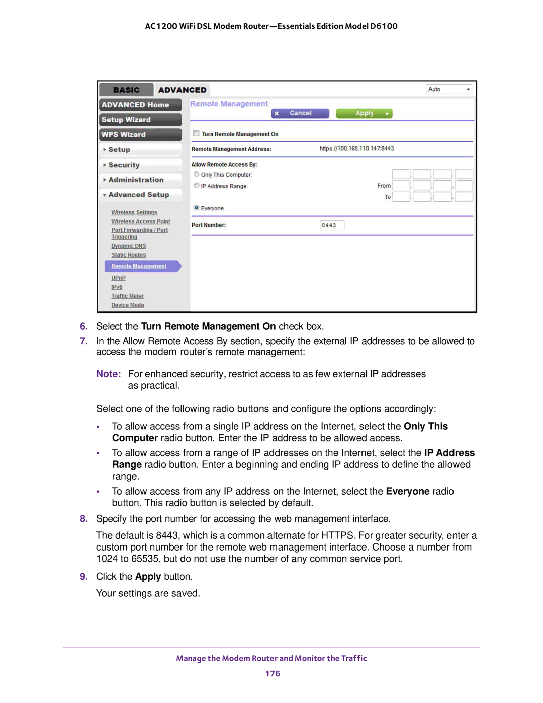 NETGEAR D6100 user manual Select the Turn Remote Management On check box 