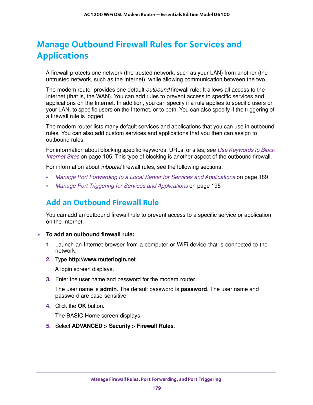 NETGEAR D6100 Add an Outbound Firewall Rule,  To add an outbound firewall rule, Select Advanced Security Firewall Rules 