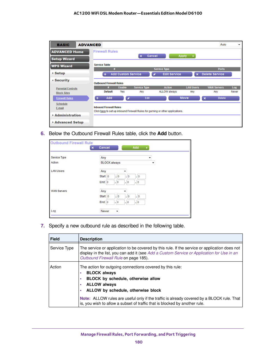 NETGEAR D6100 Block always, Block by schedule, otherwise allow, Allow always, Allow by schedule, otherwise block 