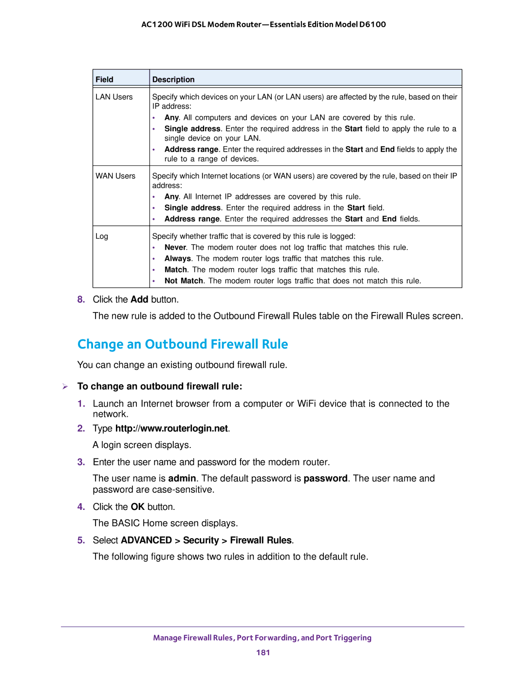 NETGEAR D6100 user manual Change an Outbound Firewall Rule,  To change an outbound firewall rule 