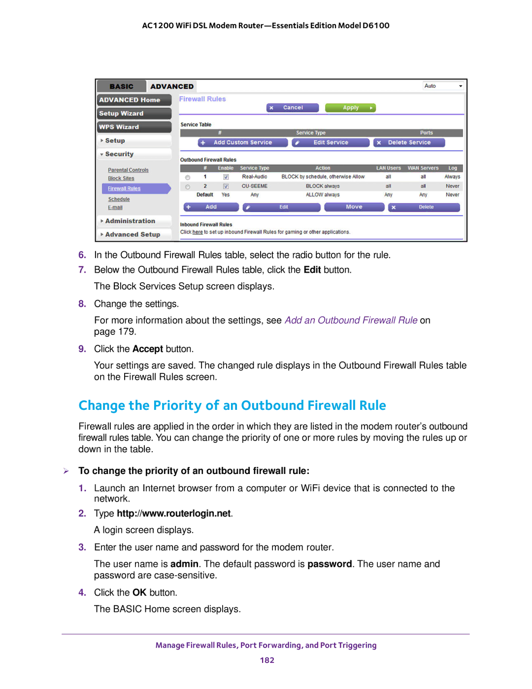 NETGEAR D6100 Change the Priority of an Outbound Firewall Rule,  To change the priority of an outbound firewall rule 