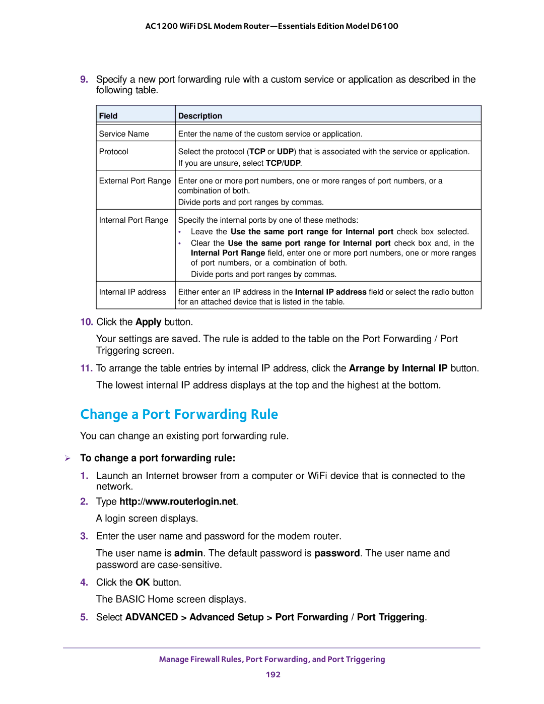 NETGEAR D6100 user manual Change a Port Forwarding Rule,  To change a port forwarding rule 