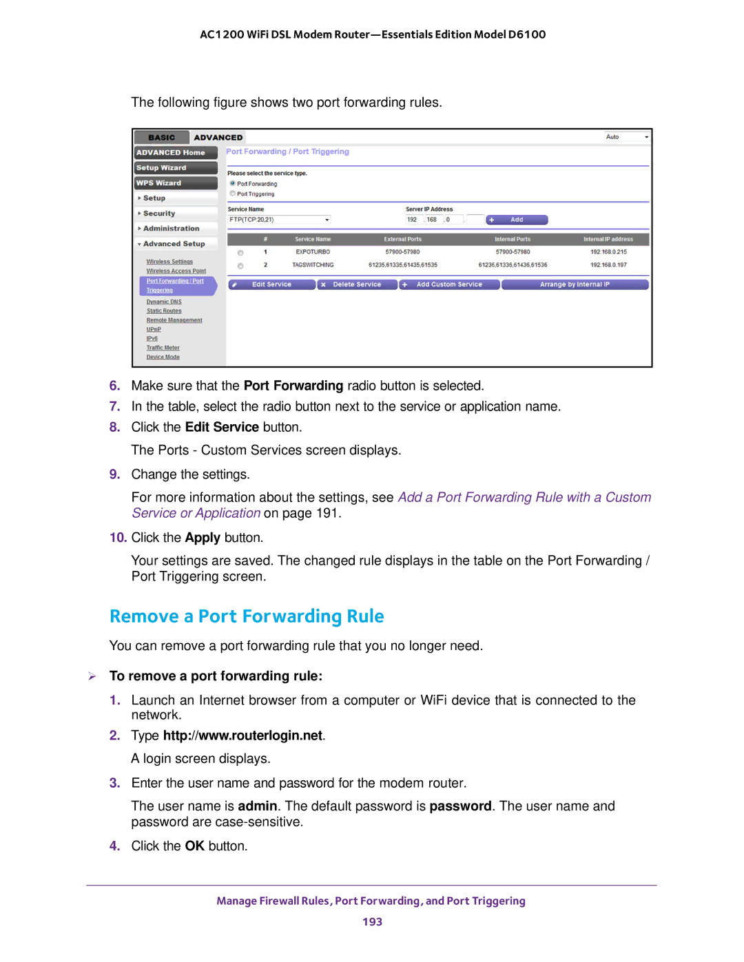 NETGEAR D6100 user manual Remove a Port Forwarding Rule,  To remove a port forwarding rule 