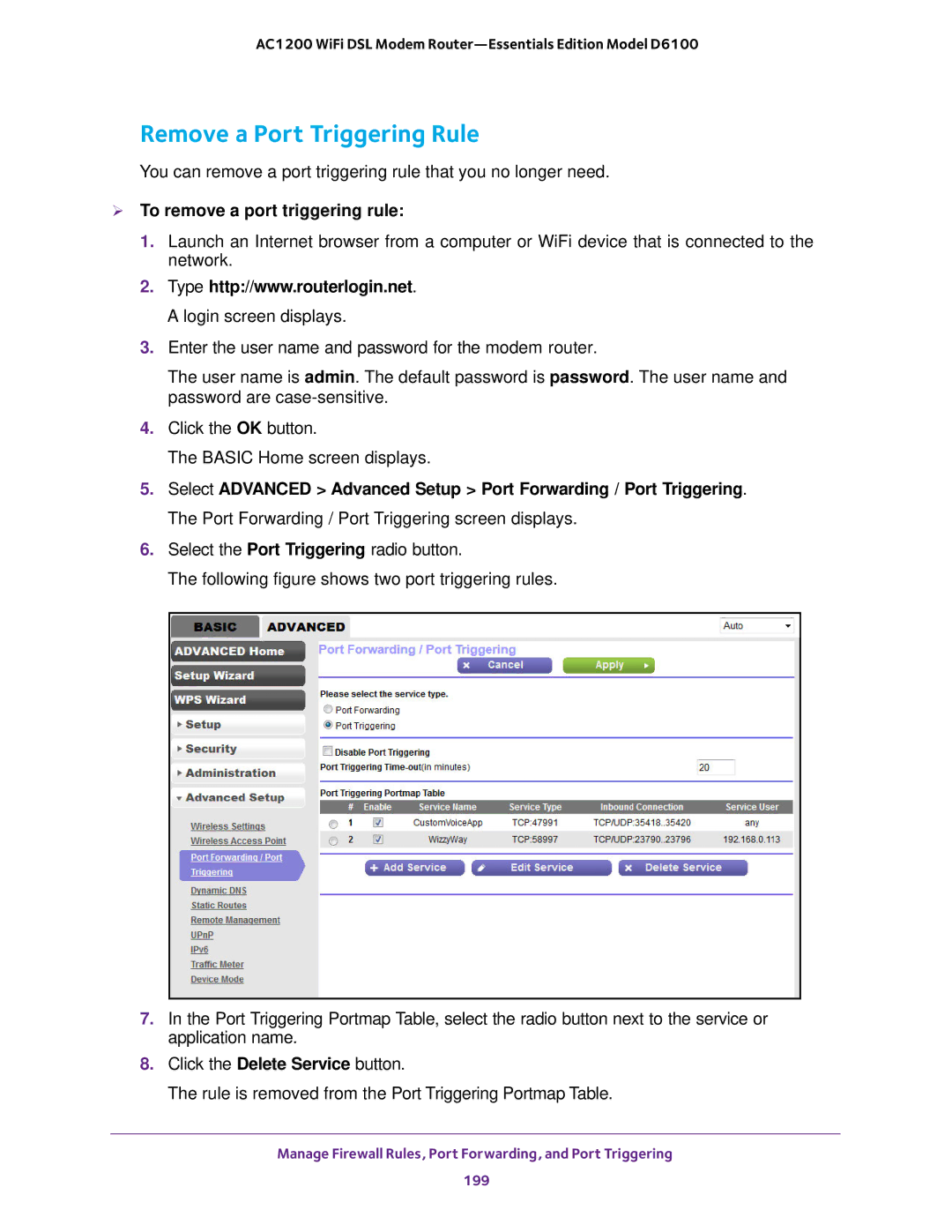 NETGEAR D6100 user manual Remove a Port Triggering Rule,  To remove a port triggering rule 