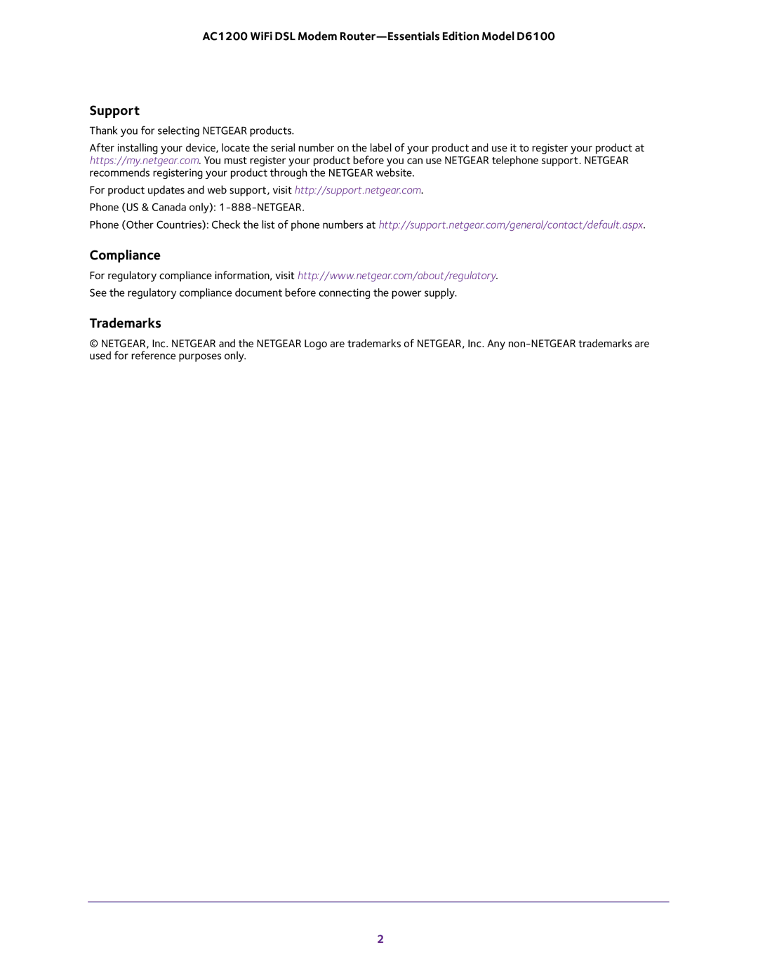 NETGEAR D6100 user manual Support, Compliance, Trademarks 