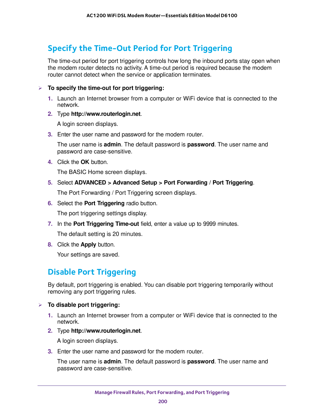 NETGEAR D6100 Specify the Time-Out Period for Port Triggering, Disable Port Triggering,  To disable port triggering 