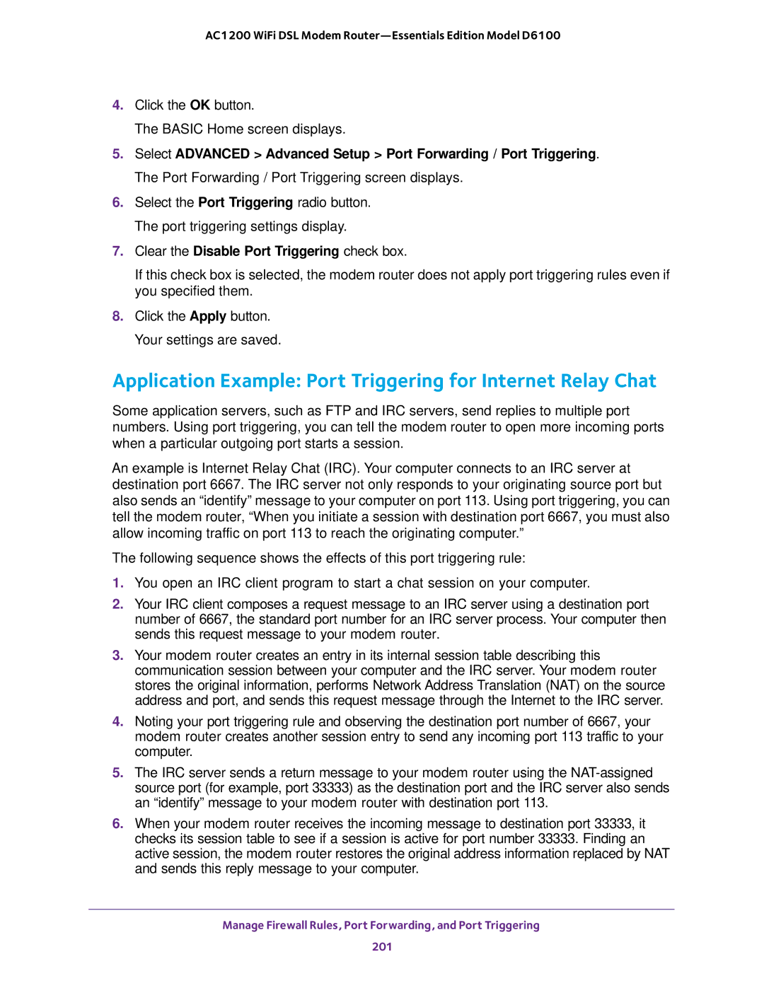 NETGEAR D6100 Application Example Port Triggering for Internet Relay Chat, Clear the Disable Port Triggering check box 